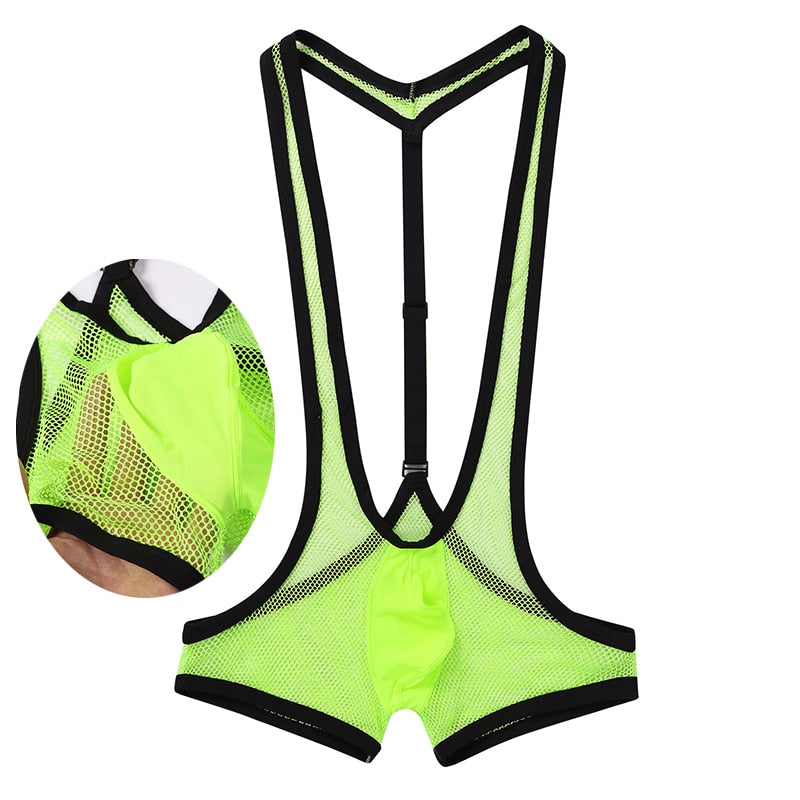 Sexy Men One-piece Sheer Fishnet Y-back Bulge Pouch Jockstrap Underwear Leotard Jumpsuits Wrestling Singlet Swimsuits Bodysuit