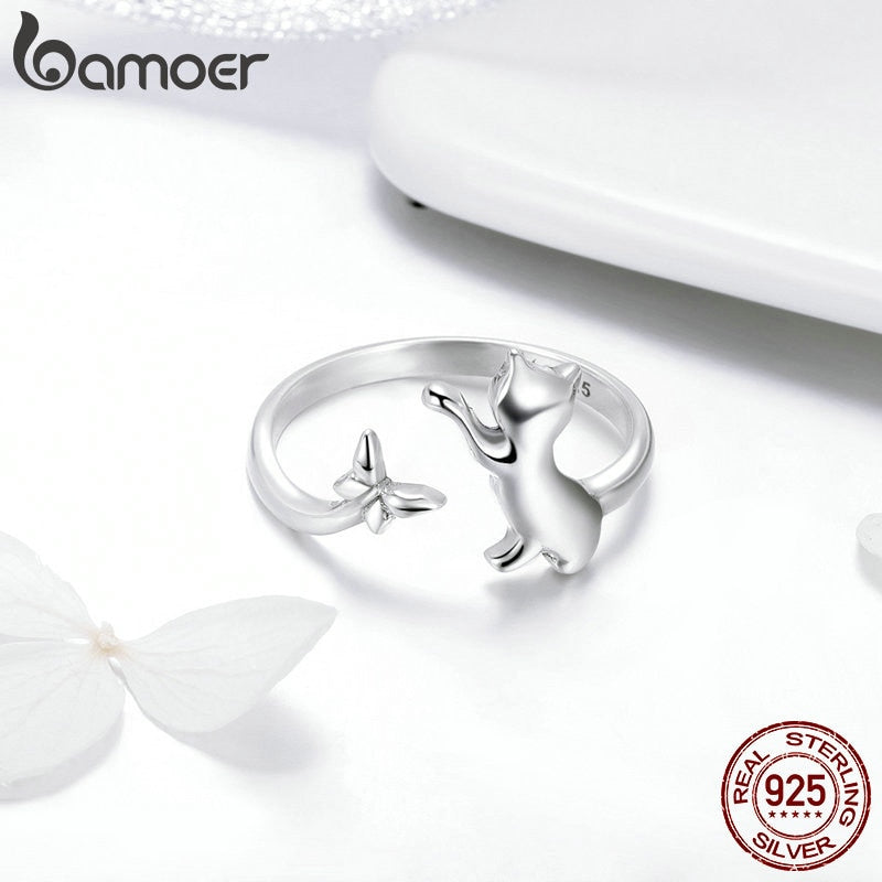 Authentic 925 Sterling Silver Butterfly Tail Cat Adjustable Finger Rings for Women Sterling Silver Ring Jewelry SCR443