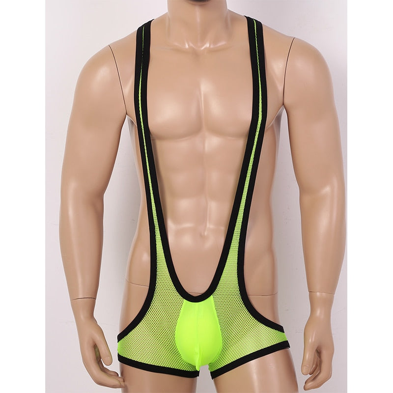 Sexy Men One-piece Sheer Fishnet Y-back Bulge Pouch Jockstrap Underwear Leotard Jumpsuits Wrestling Singlet Swimsuits Bodysuit