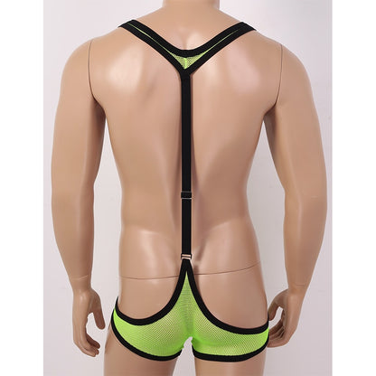 Sexy Men One-piece Sheer Fishnet Y-back Bulge Pouch Jockstrap Underwear Leotard Jumpsuits Wrestling Singlet Swimsuits Bodysuit