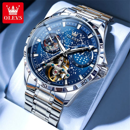 OLEVS Flywheel Skeleton Automatic Watch for Men Luminous Starry Sky Waterproof Business Wristwatch Mechanical Watch