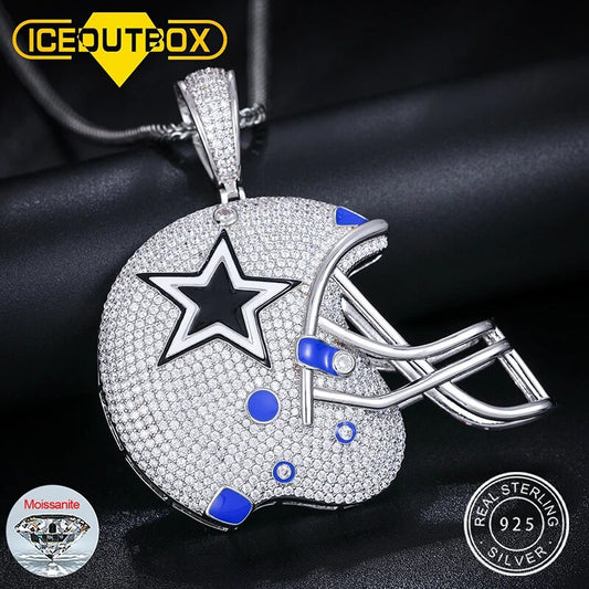 S925 Moissanite American Football Helmet Pendant For Necklace Sports Handcrafted Accessory Hip Hop Jewelry