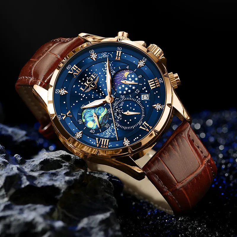 LIGE Men Watches Casual Sport Watch Men Luxury Waterproof Date Luminous Chronograph Stars Wristwatch Male Quartz Watch Leather