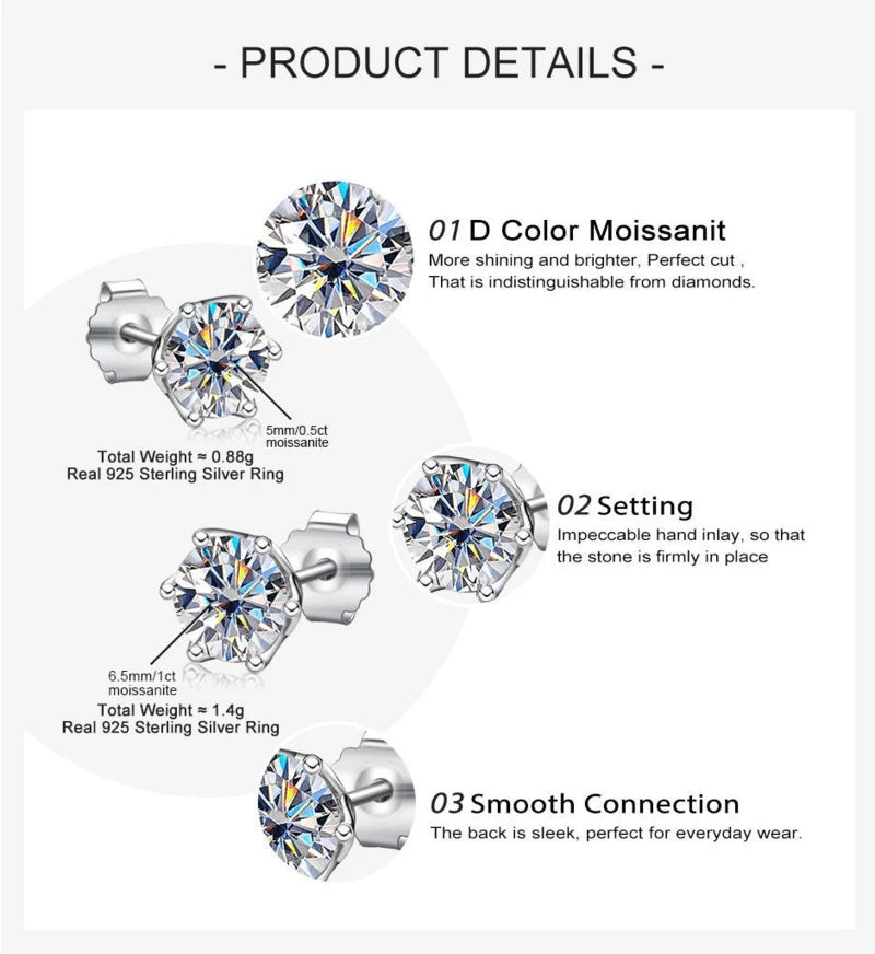 1CT VVS D Color Moissanite Cut Lab Diamond Stud Earrings For Women S925 Sterling Silver Fine Jewelry