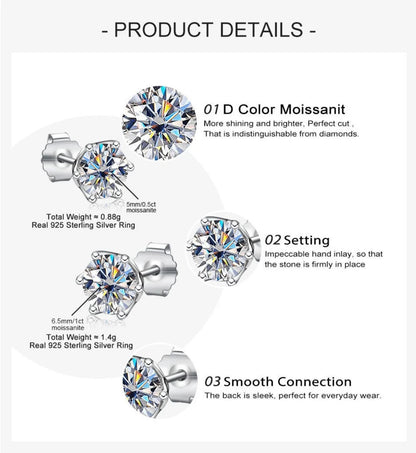 1CT VVS D Color Moissanite Cut Lab Diamond Stud Earrings For Women S925 Sterling Silver Fine Jewelry