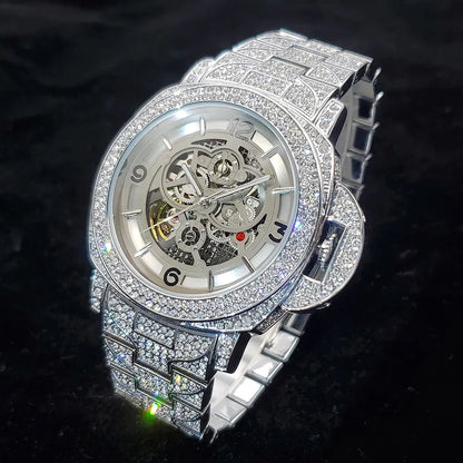 New Hollow Mechanical Watch Top Luxury Diamond Silver Automatic Watches Fashion Hip Hop High End Waterproof