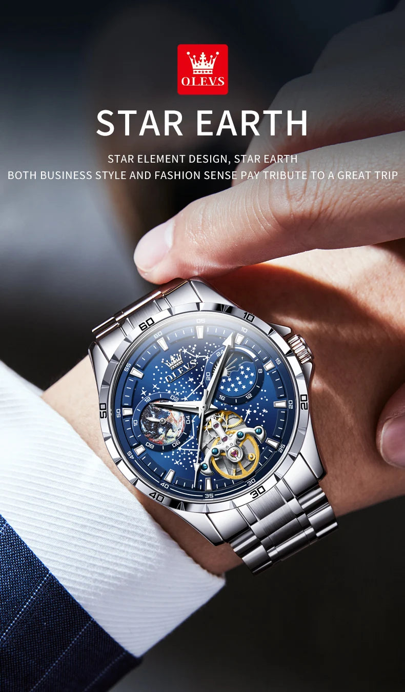 OLEVS Flywheel Skeleton Automatic Watch for Men Luminous Starry Sky Waterproof Business Wristwatch Mechanical Watch