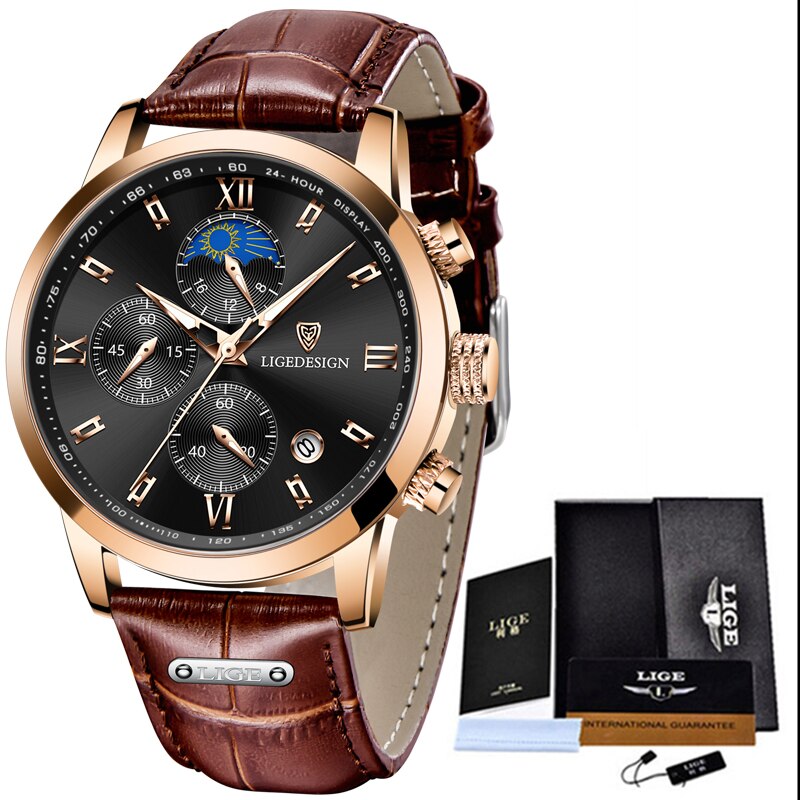 LIGE Casual Men Watch Luxury Leather Waterproof Sport Quartz Wristwatch Chronograph Military Watch for Men