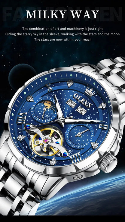 OLEVS 6690 Automatic Watch for Men Starry Sky Tourbillon Design Moon Phase Date Stainless steel Luminous Waterproof Wristwatch