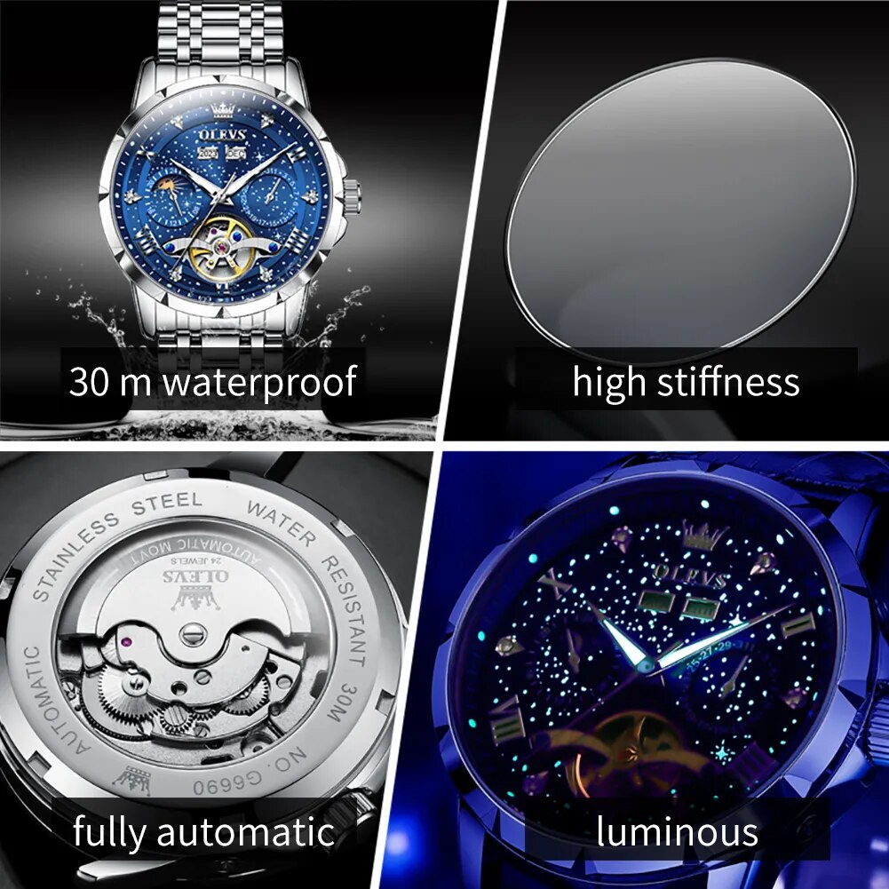 OLEVS 6690 Automatic Watch for Men Starry Sky Tourbillon Design