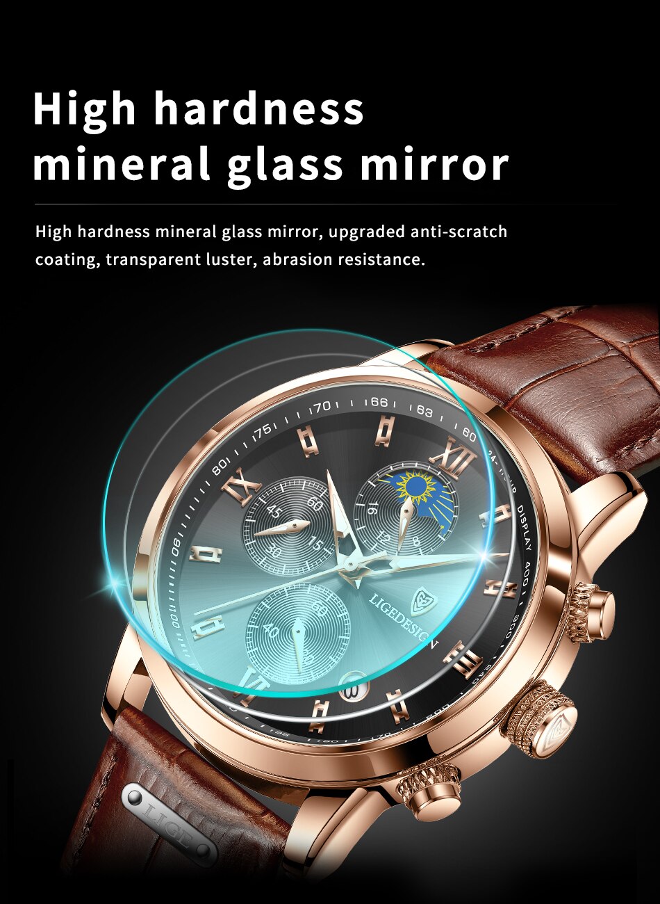 LIGE Casual Men Watch Luxury Leather Waterproof Sport Quartz Wristwatch Chronograph Military Watch for Men