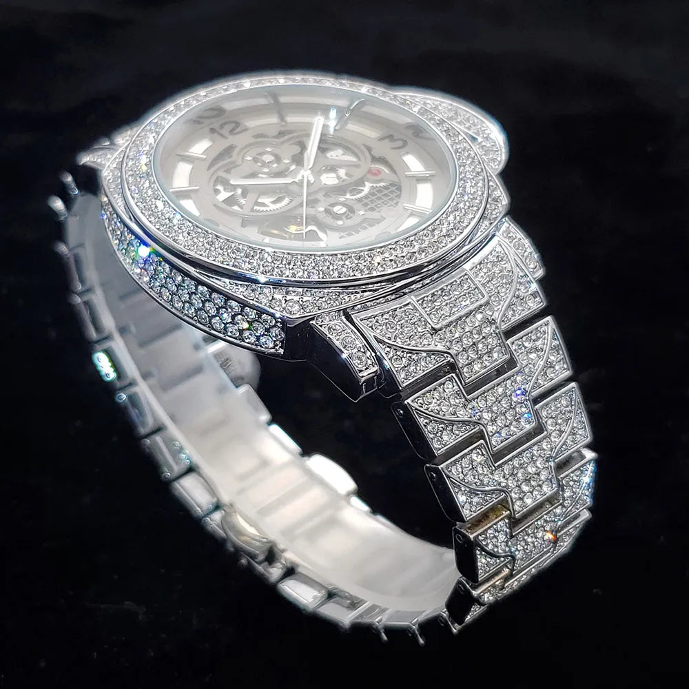 New Hollow Mechanical Watch Top Luxury Diamond Silver Automatic Watches Fashion Hip Hop High End Waterproof