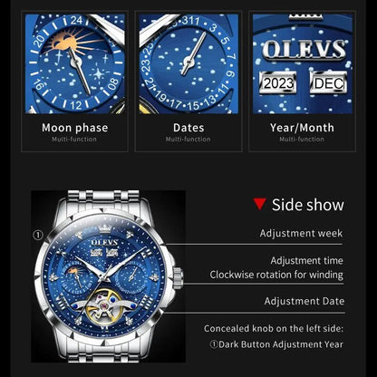 OLEVS 6690 Automatic Watch for Men Starry Sky Tourbillon Design Moon Phase Date Stainless steel Luminous Waterproof Wristwatch