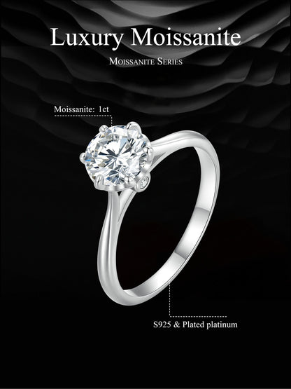 1.0CT Round Moissanite Ring D Color VVS1 EX Lab Diamond Band for Women 925 Sterling Silver Engagement Wedding Gift