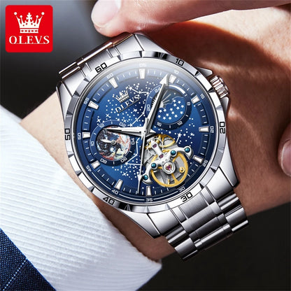 OLEVS Flywheel Skeleton Automatic Watch for Men Luminous Starry Sky Waterproof Business Wristwatch Mechanical Watch