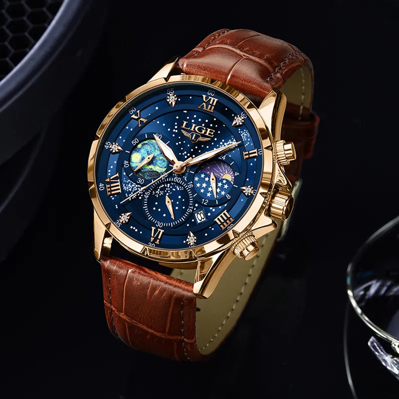 LIGE Men Watches Casual Sport Watch Men Luxury Waterproof Date Luminous Chronograph Stars Wristwatch Male Quartz Watch Leather