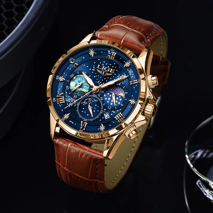 LIGE Men Watches Casual Sport Watch Men Luxury Waterproof Date Luminous Chronograph Stars Wristwatch Male Quartz Watch Leather