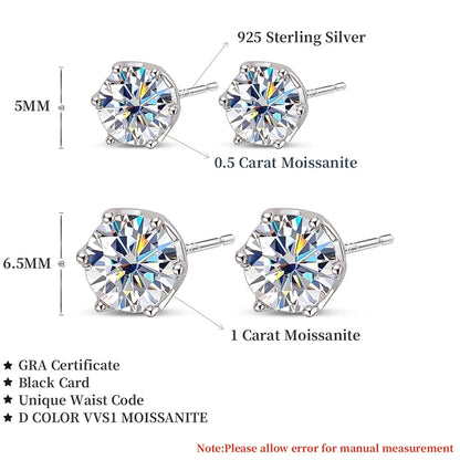 1CT VVS D Color Moissanite Cut Lab Diamond Stud Earrings For Women S925 Sterling Silver Fine Jewelry