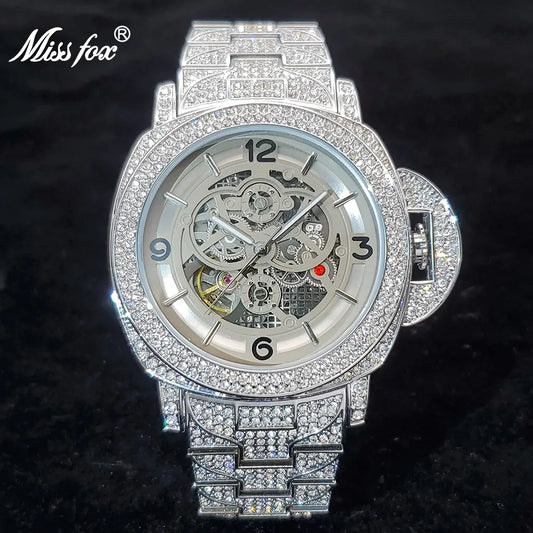 New Hollow Mechanical Watch Top Luxury Diamond Silver Automatic Watches Fashion Hip Hop High End Waterproof