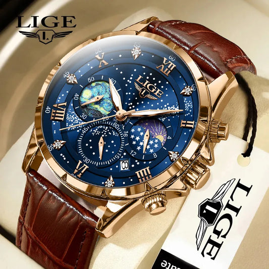 LIGE Men Watches Casual Sport Watch Men Luxury Waterproof Date Luminous Chronograph Stars Wristwatch Male Quartz Watch Leather