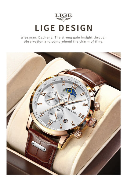 LIGE Casual Men Watch Luxury Leather Waterproof Sport Quartz Wristwatch Chronograph Military Watch for Men