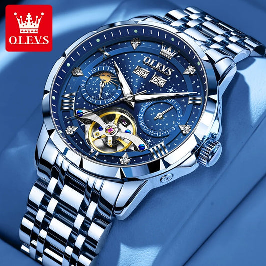 OLEVS 6690 Automatic Watch for Men Starry Sky Tourbillon Design Moon Phase Date Stainless steel Luminous Waterproof Wristwatch