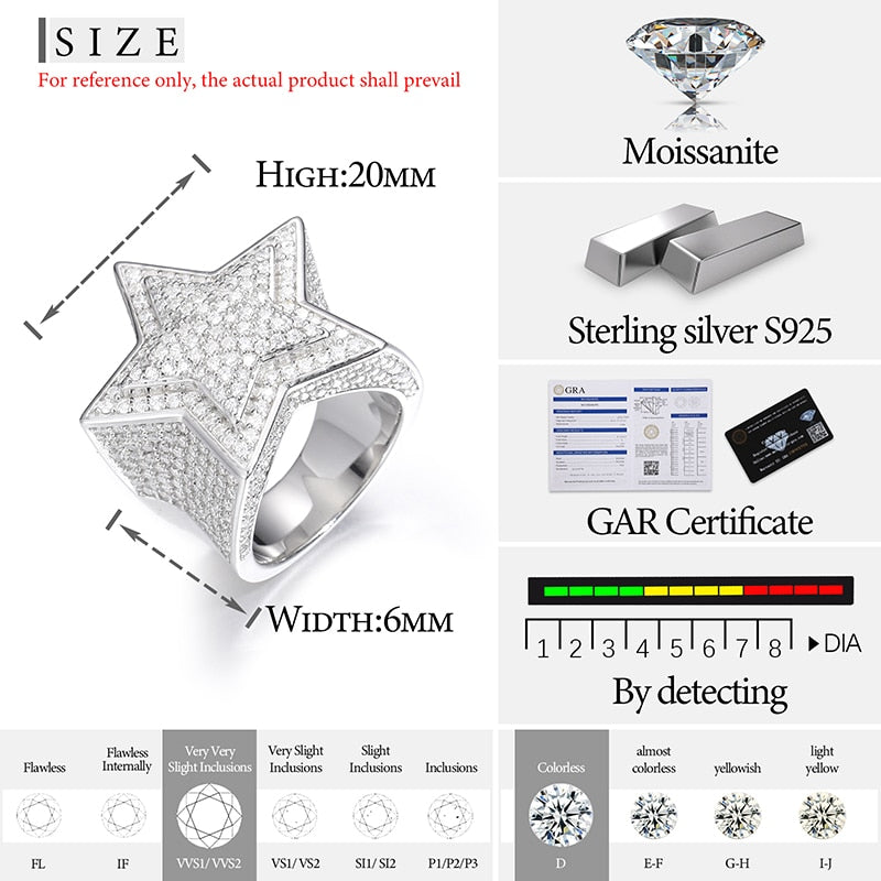 Fine Jewelry VVS1 With Certificate Moissanite Star Rings For Men 925 Sterling Silver Moissanite Rings Hip Hop Jewelry