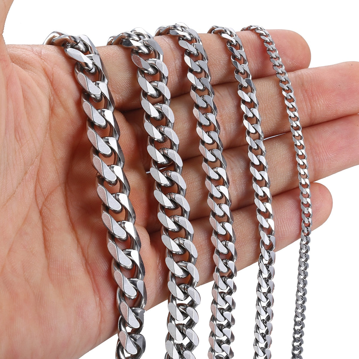 3/5/7/9/11mm Mens Silver Color Necklace Stainless Steel Cuban Link Chain for Mens Womens Basic Black Gold Tone Chokers KNM07