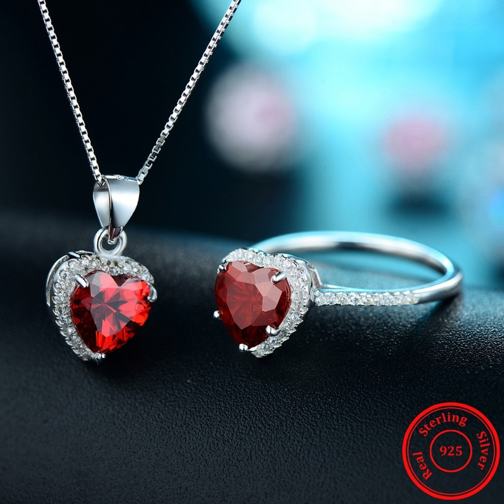 Genuine Solid 925 Sterling Silver Hearts Sets Jewelry Ruby Red Ring Necklace Wedding Crystal Pendant Fashion Chain For Women