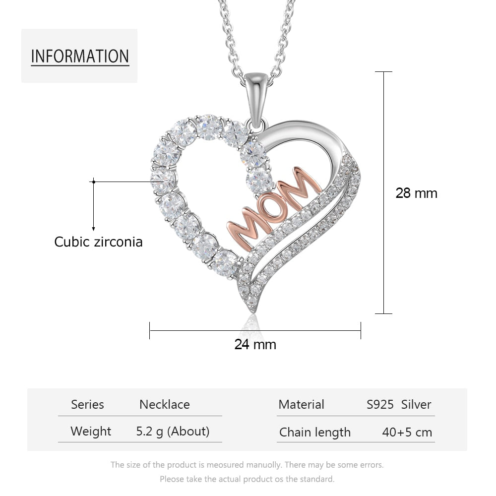 Genuine 925 Sterling Silver Women Necklaces Letter MOM Heart Shape CZ Necklaces Mothers Day Gift Fine Jewelry