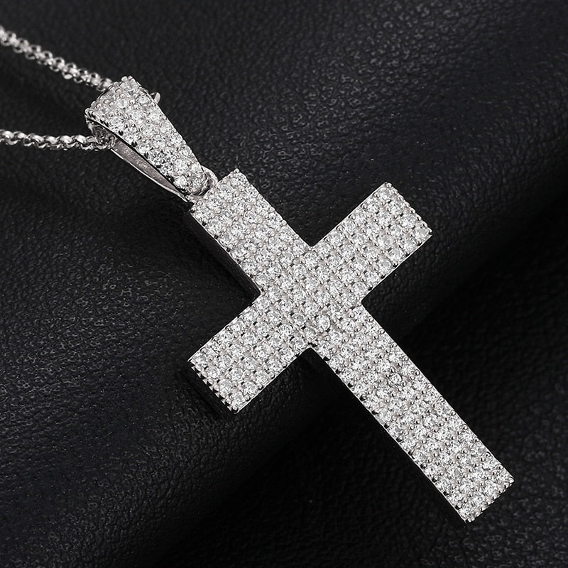 Four Row Cross Pendant Moissanite Solid Sterling 925 Silver Necklace For Women or Men Luxury Jewelry