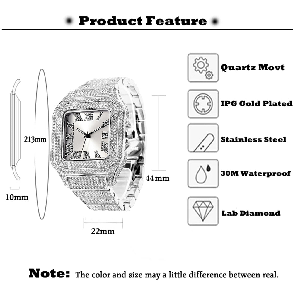 Full Bling Iced Out Watch for Men Hip Hop Rapper Quartz Mens Watches Wristwatch Clasic Square Case Diamond CZ