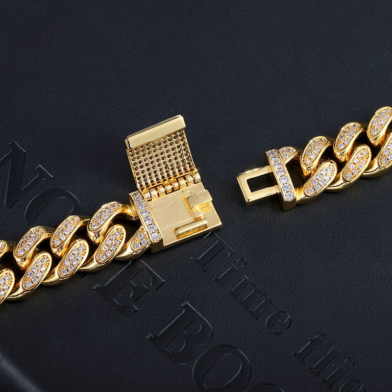 Hip Hop Heavy Iced out 12MM Big Box Buckle Cuban Gold Chain Copper AAA+ Cubic Zirconia Stones Bracelet For Men Bling Jewelry