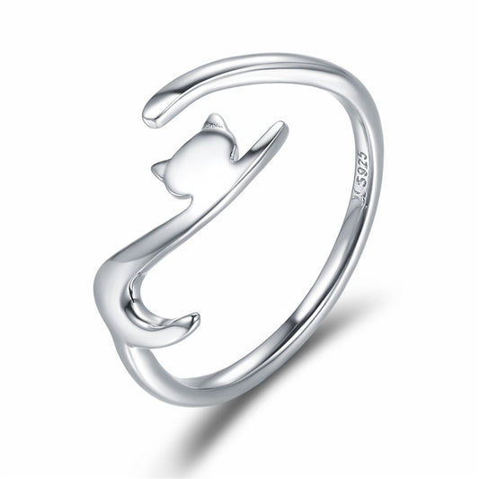 100% 925 Sterling Silver Sticky Cat with Long Tail Finger Ring Women Ring Adjustable Engagement Ring Jewelry SCR220