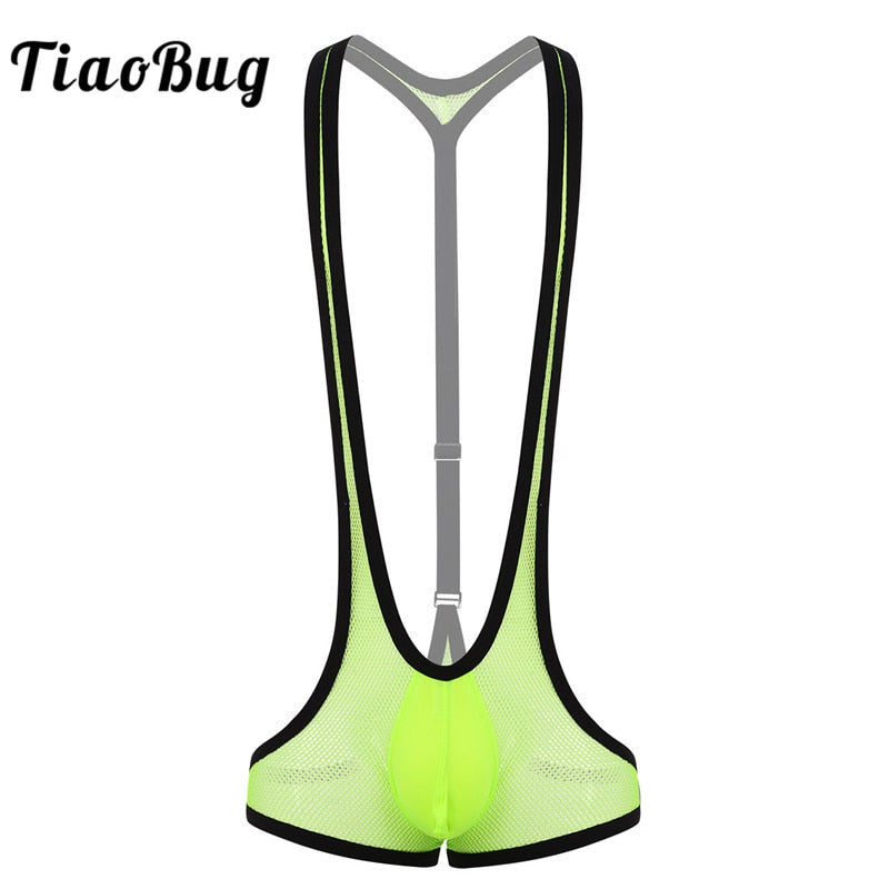 Sexy Men One-piece Sheer Fishnet Y-back Bulge Pouch Jockstrap Underwear Leotard Jumpsuits Wrestling Singlet Swimsuits Bodysuit