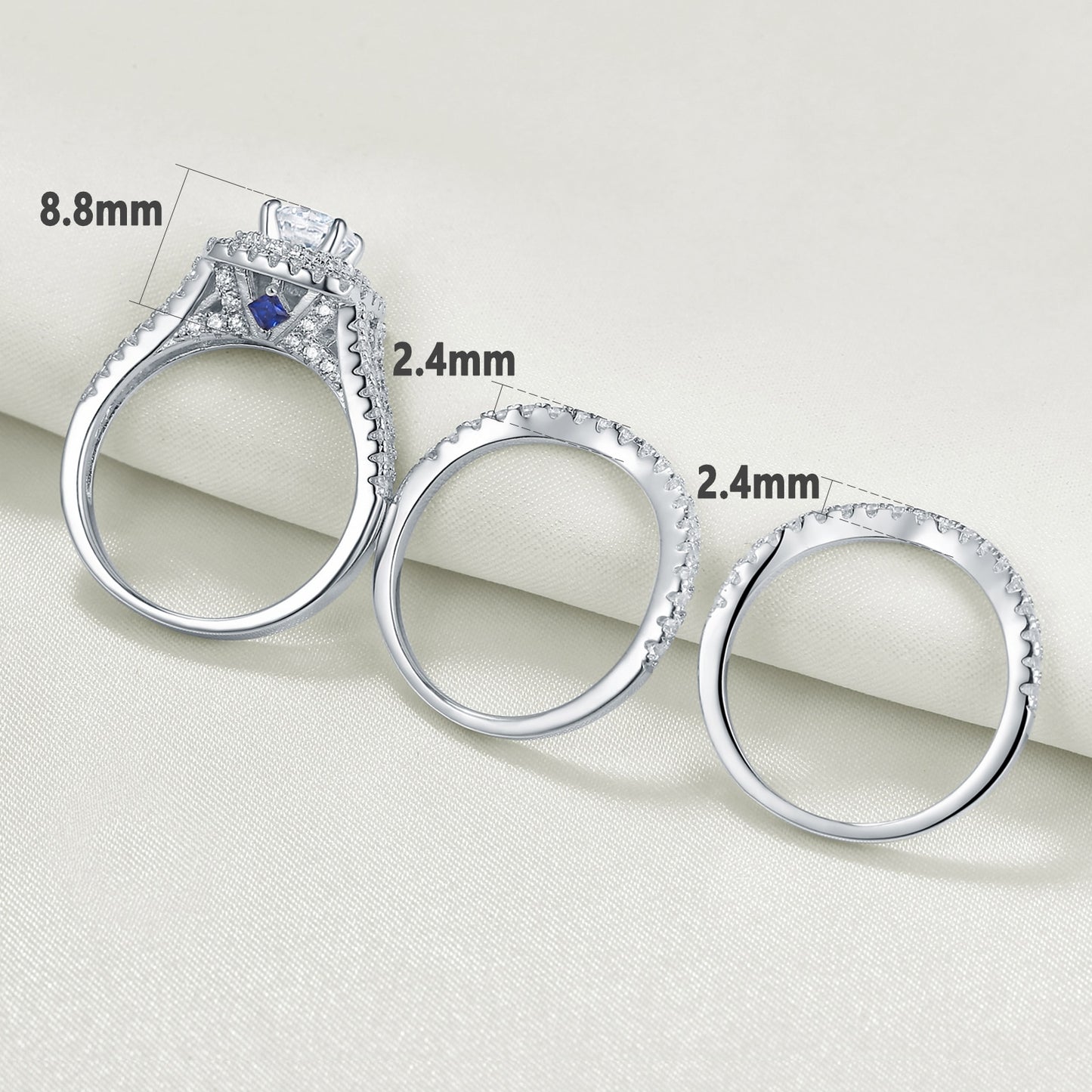 3 Pieces 925 Sterling Silver Wedding Rings for Women AAAAA CZ Blue Side Stones Luxury Jewelry Engagement Bridal Set