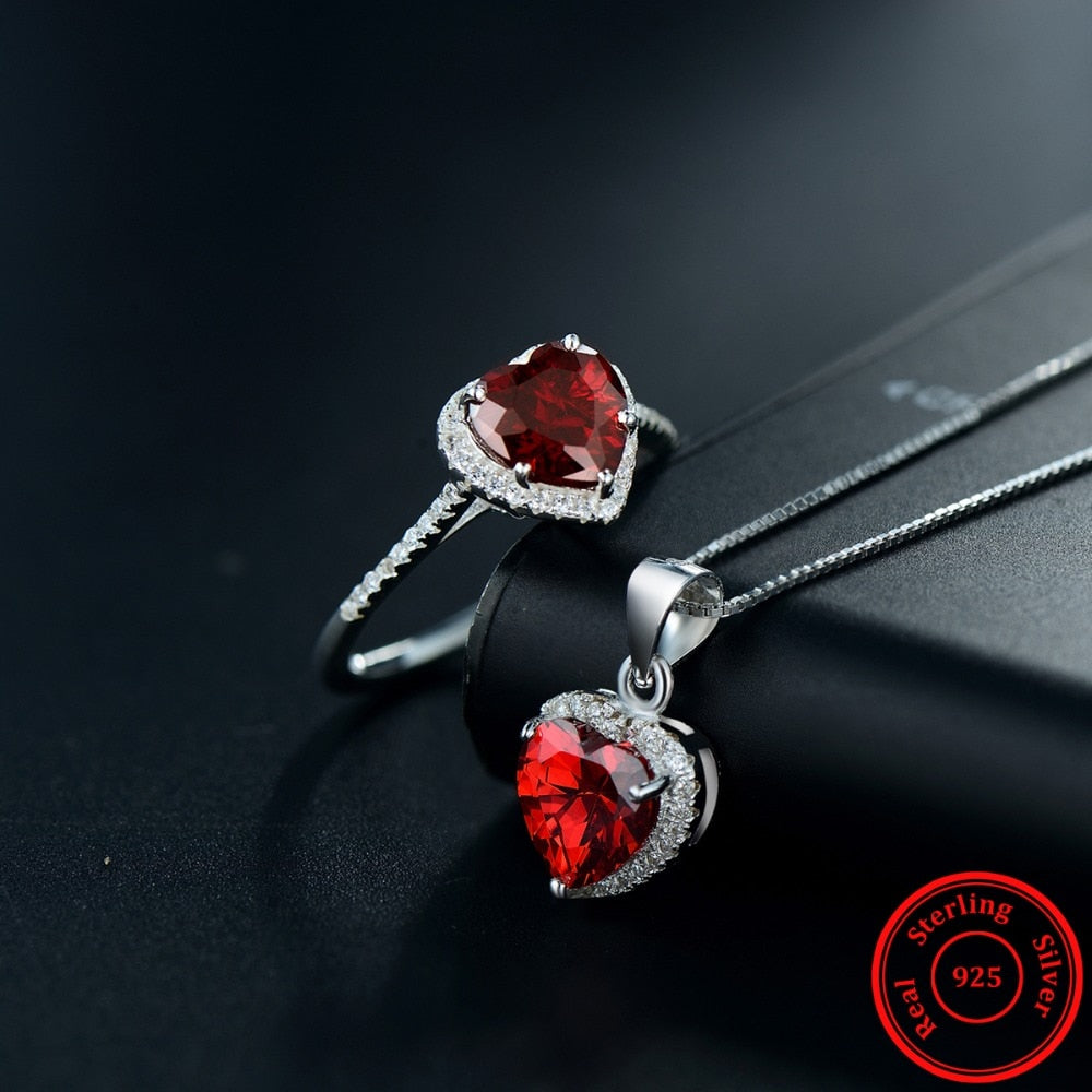 Genuine Solid 925 Sterling Silver Hearts Sets Jewelry Ruby Red Ring Necklace Wedding Crystal Pendant Fashion Chain For Women