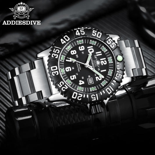 Addies Dive New Men Watch 316L Stainless Steel Strap Black Dial 50m Waterproof Watch Luminous Hand 51mm Case Sports Watch