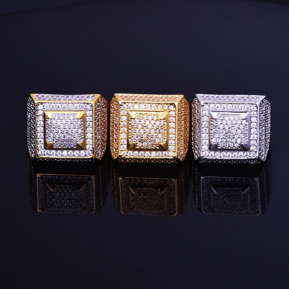 Mens Rings Gold Color 18k Gold Plated Iced Out CZ Hip Hop Fashion Hip Hop Jewelry Size 7-12