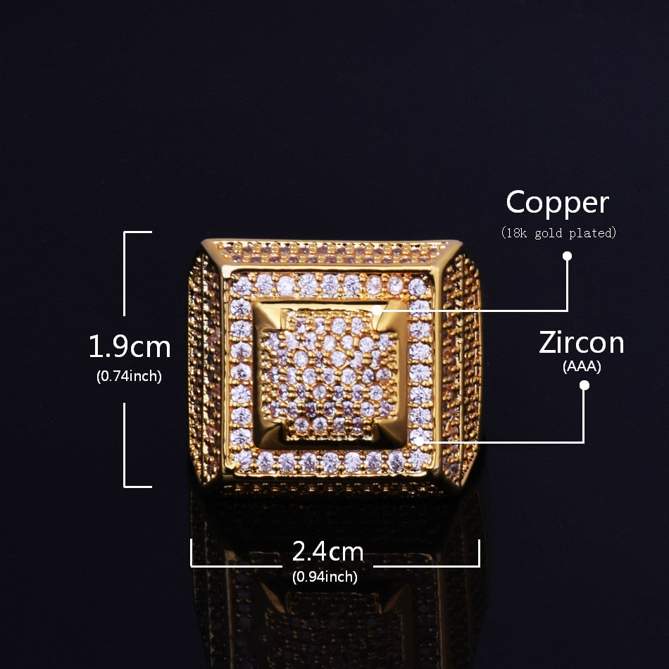 Mens Rings Gold Color 18k Gold Plated Iced Out CZ Hip Hop Fashion Hip Hop Jewelry Size 7-12