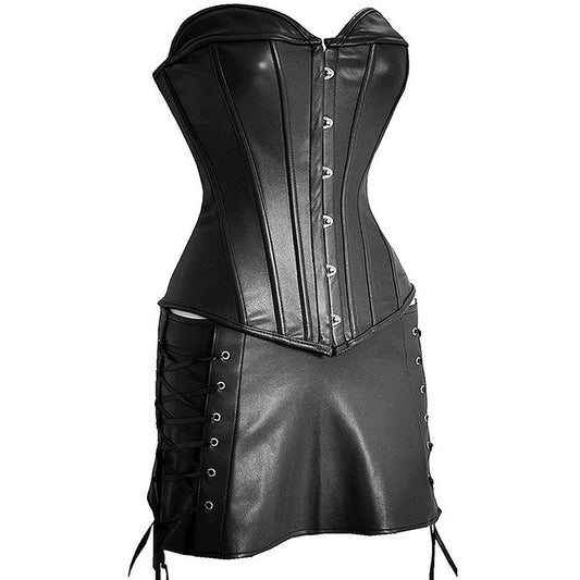 Steampunk Corset Sexy Womens Corset Dress Gothic Body Shaper Mini Skirt Dress Strapless Black Faux Leather Overbust Plus Size