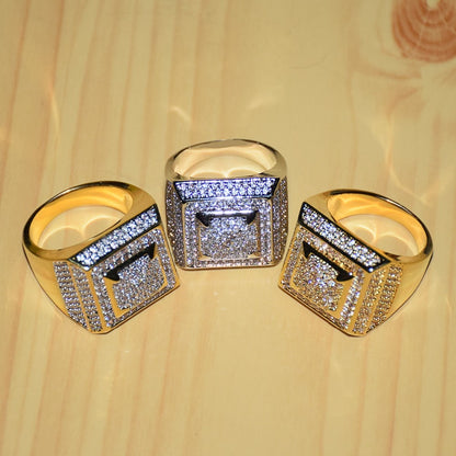 Mens Rings Gold Color 18k Gold Plated Iced Out CZ Hip Hop Fashion Hip Hop Jewelry Size 7-12