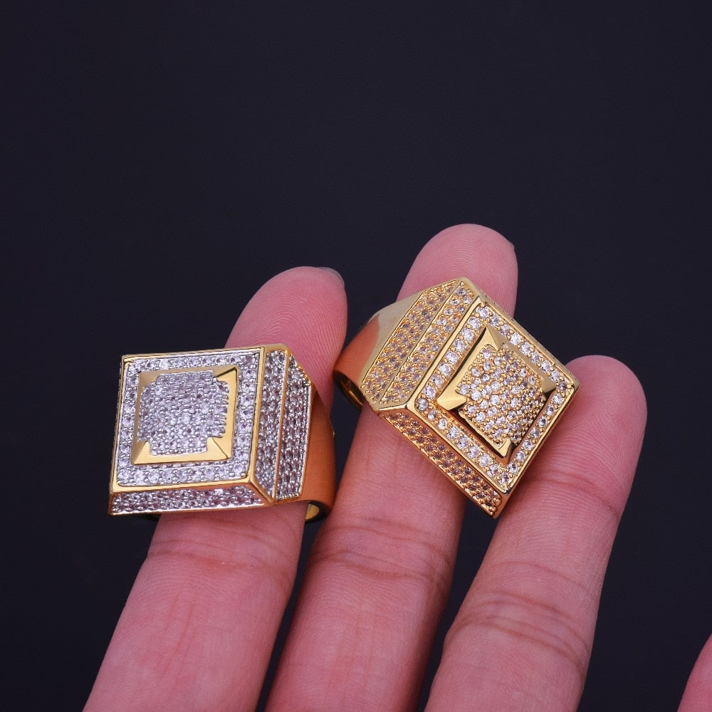 Mens Rings Gold Color 18k Gold Plated Iced Out CZ Hip Hop Fashion Hip Hop Jewelry Size 7-12