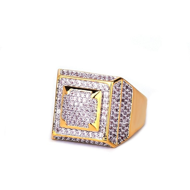 Mens Rings Gold Color 18k Gold Plated Iced Out CZ Hip Hop Fashion Hip Hop Jewelry Size 7-12