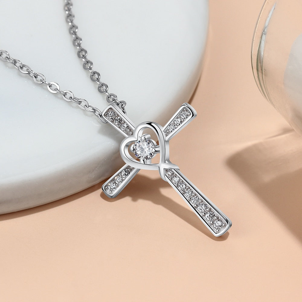 Classic 925 Sterling Silver Heart Cross Necklace Full Zirconia Paved Pendant Necklaces for Women Fine Jewelry