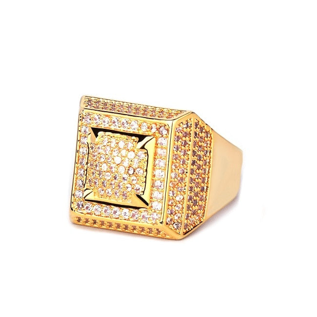 Mens Rings Gold Color 18k Gold Plated Iced Out CZ Hip Hop Fashion Hip Hop Jewelry Size 7-12