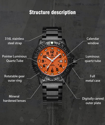 Addies Dive Men Fashion Casual Watch Calendar Display 50m Waterproof Tube Luminous Watch Orange Dial Rotating Bezel Quartz Watch