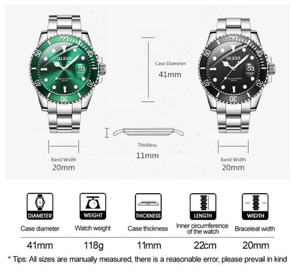 OLEVS Mens Watches Top Brand Luxury Fashion Waterproof Luminous Hand Green Dial Quartz Sports Wristwatch Gifts for Men