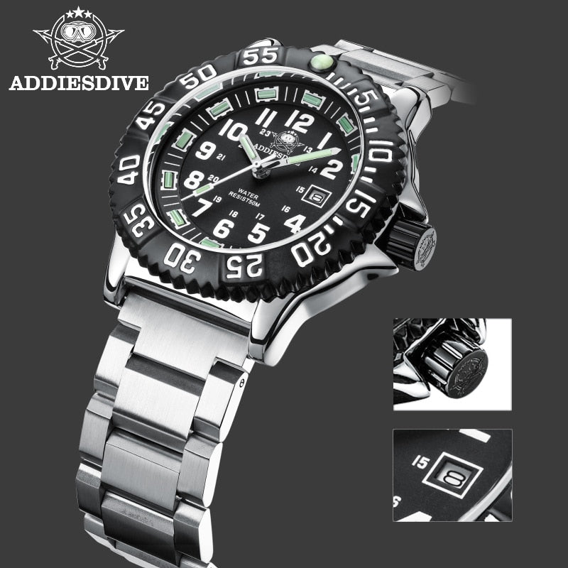 Addies Dive New Men Watch 316L Stainless Steel Strap Black Dial 50m Waterproof Watch Luminous Hand 51mm Case Sports Watch