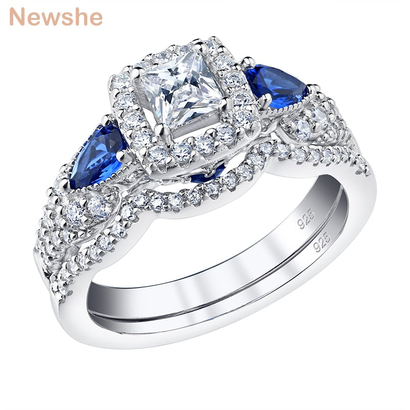 2Pcs Solid 925 Sterling Silver Wedding Engagement Rings for Women Princess Cut Blue Pear AAAAA Zircons Bridal Set